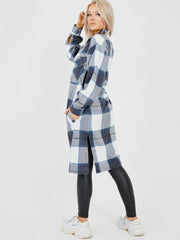 LONGLINE THICK COLOUR BLOCK CHECKED SHIRT JACKET SHACKET- NAVY