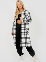 LONGLINE THICK COLOUR BLOCK CHECKED SHIRT JACKET SHACKET- WHITE