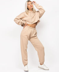 OVERSIZED CROPPED HOODIE & JOGGERS LOUNGEWEAR SET- SAND