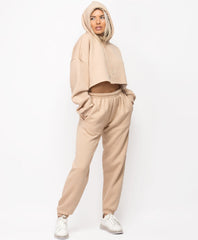 OVERSIZED CROPPED HOODIE & JOGGERS LOUNGEWEAR SET- SAND