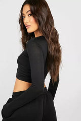 LONG SLEEVE V NECK CROPPED TOP-BLACK