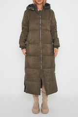 MAXI ZIP DETAIL PUFFER LONG JACKET-OLIVE