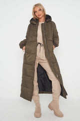 MAXI ZIP DETAIL PUFFER LONG JACKET-OLIVE