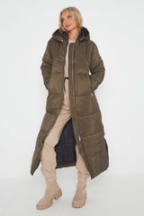 MAXI ZIP DETAIL PUFFER LONG JACKET-OLIVE