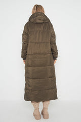 MAXI ZIP DETAIL PUFFER LONG JACKET-OLIVE