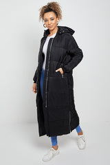 MAXI ZIP DETAIL PUFFER LONG JACKET-BLACK