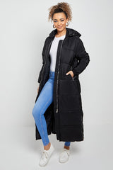 MAXI ZIP DETAIL PUFFER LONG JACKET-BLACK