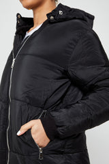 MAXI ZIP DETAIL PUFFER LONG JACKET-BLACK