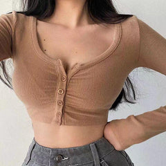 BUTTONS SOLID CROP TOP LONG SLEEVES