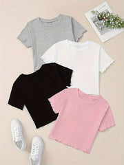 4PCS LETTUCE TRIM RIB KNIT TEE