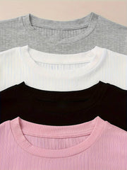 4PCS LETTUCE TRIM RIB KNIT TEE